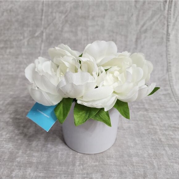 Silk White Peony Peonies Artificial Flower Arrangement in ceramic round vase - Picture 1 of 4